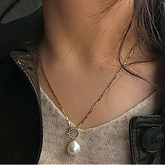 Pearl Drop Necklace, Toggle, 18K Gold plated Gift For Mom - Picture 2 of 10